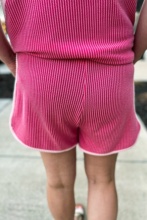 Preppy Ribbed Texture Color Block Crew Neck Tee Dolphin Shorts Set