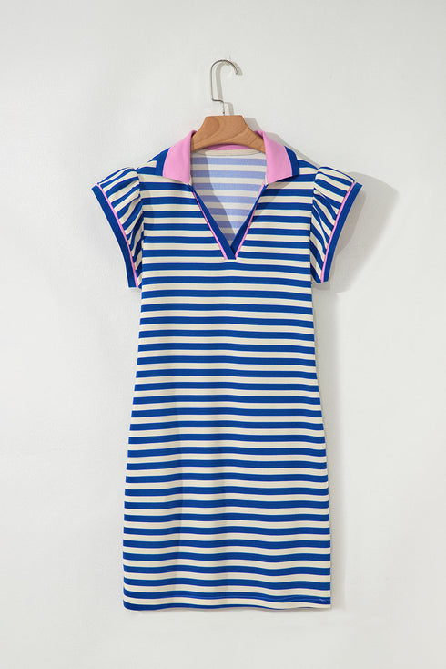 Preppy Stripe Contrast Collar Split Neck Flutter Sleeve T Shirt Dress