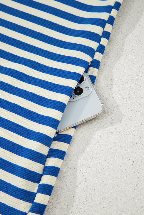 Preppy Stripe Contrast Collar Split Neck Flutter Sleeve T Shirt Dress