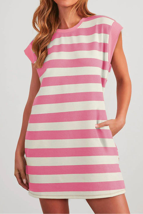 Preppy Stripe Print Cap Sleeve Shift T Shirt Dress