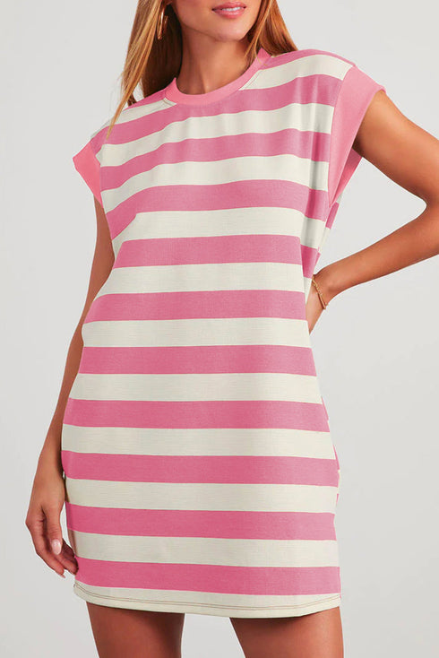 Preppy Stripe Print Cap Sleeve Shift T Shirt Dress