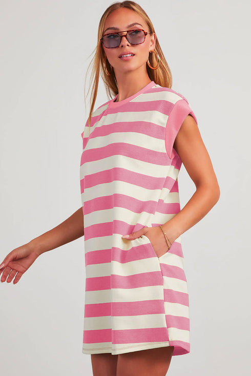 Preppy Stripe Print Cap Sleeve Shift T Shirt Dress