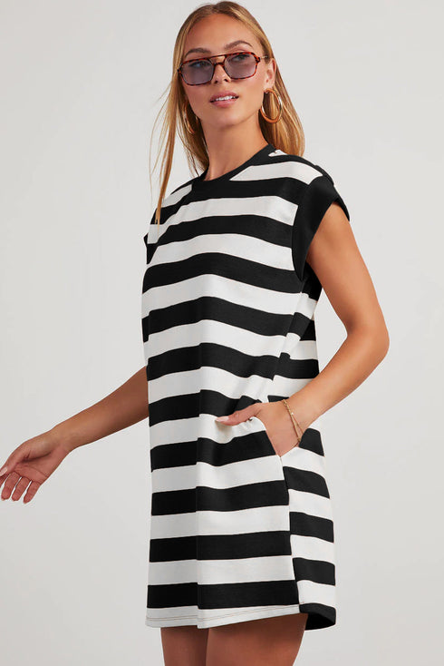 Preppy Stripe Print Cap Sleeve Shift T Shirt Dress