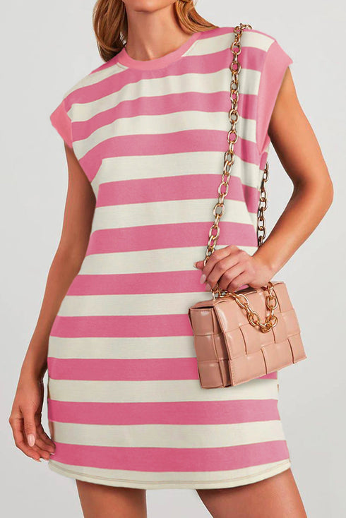 Preppy Stripe Print Cap Sleeve Shift T Shirt Dress
