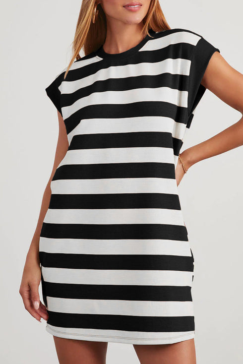 Preppy Stripe Print Cap Sleeve Shift T Shirt Dress