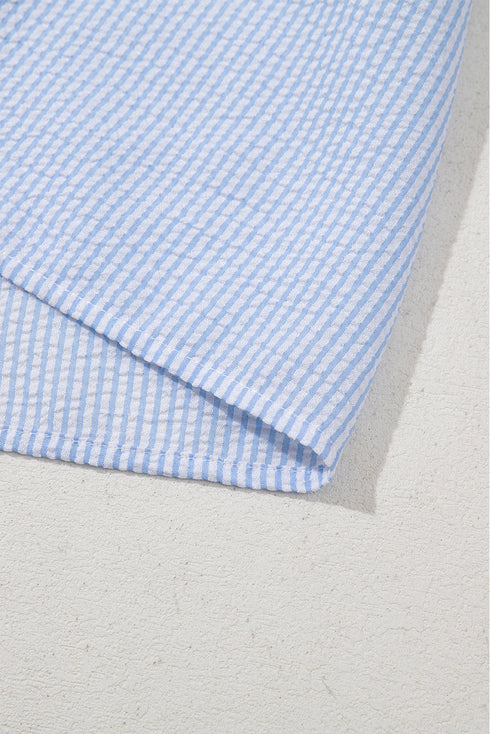 Preppy Striped Ruffle Mock Neck Puff Sleeve Blouse