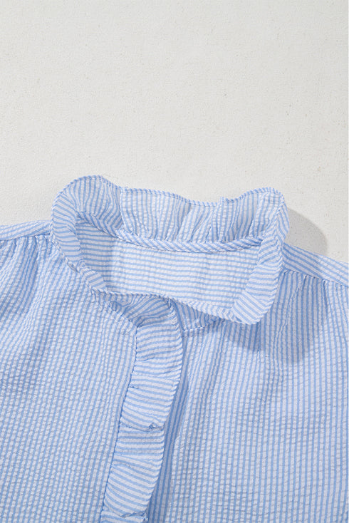 Preppy Striped Ruffle Mock Neck Puff Sleeve Blouse