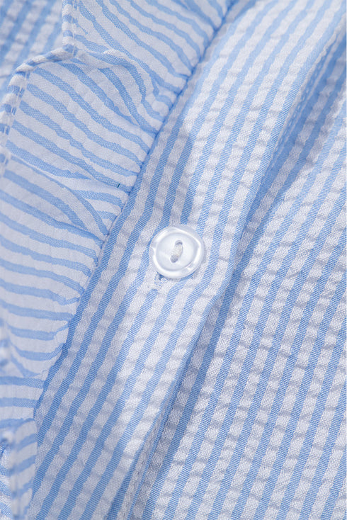Preppy Striped Ruffle Mock Neck Puff Sleeve Blouse