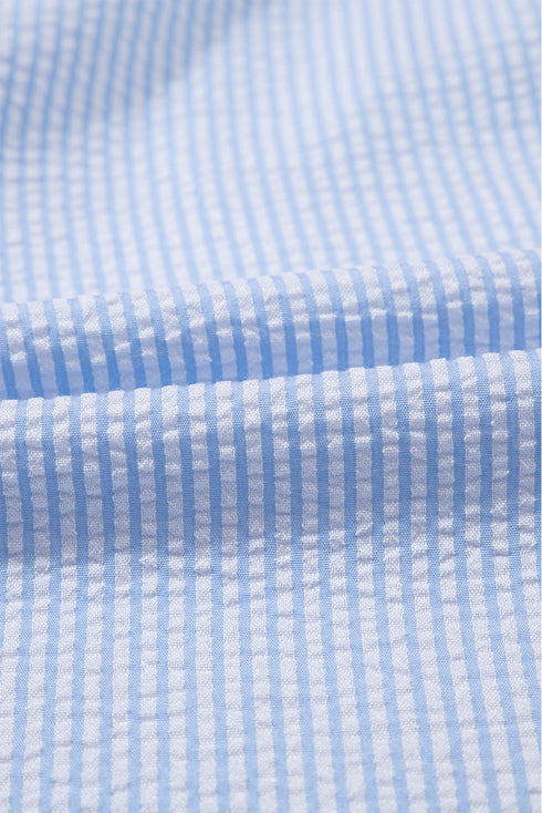 Preppy Striped Ruffle Mock Neck Puff Sleeve Blouse