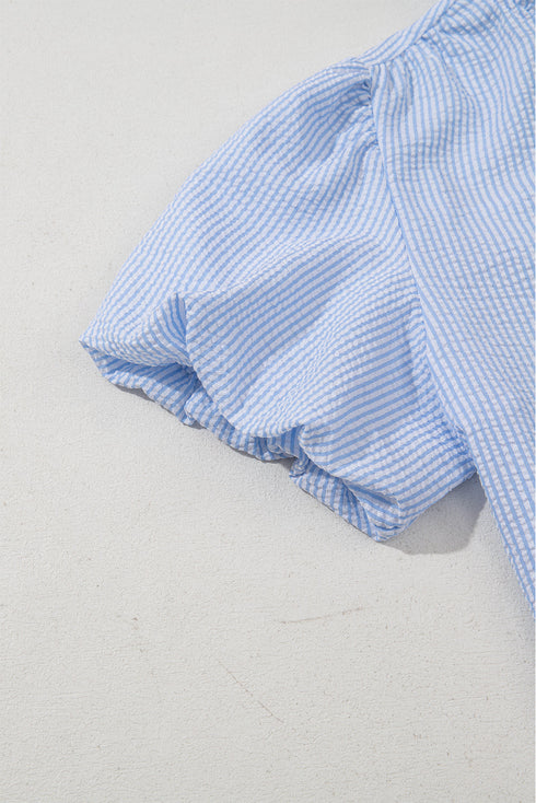 Preppy Striped Ruffle Mock Neck Puff Sleeve Blouse