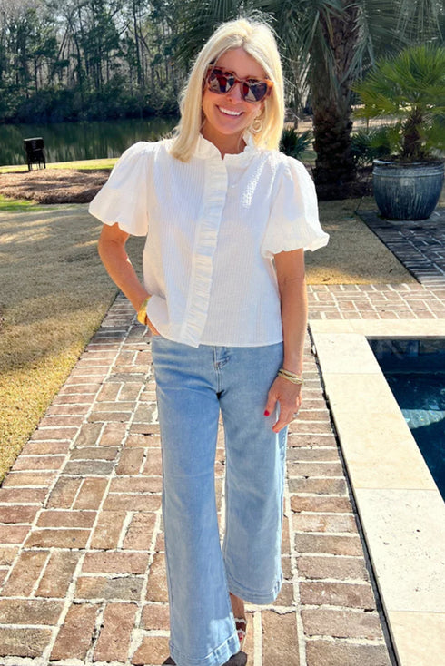 Preppy Striped Ruffle Mock Neck Puff Sleeve Blouse