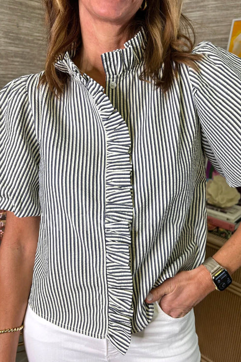 Preppy Striped Ruffle Mock Neck Puff Sleeve Blouse