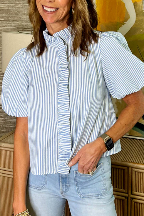 Preppy Striped Ruffle Mock Neck Puff Sleeve Blouse
