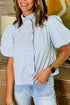 Preppy Striped Ruffle Mock Neck Puff Sleeve Blouse