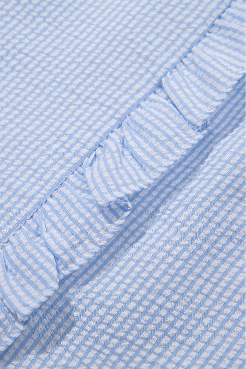 Preppy Striped Ruffle Mock Neck Puff Sleeve Blouse