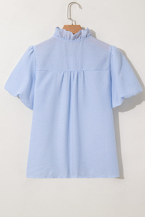 Preppy Striped Ruffle Mock Neck Puff Sleeve Blouse