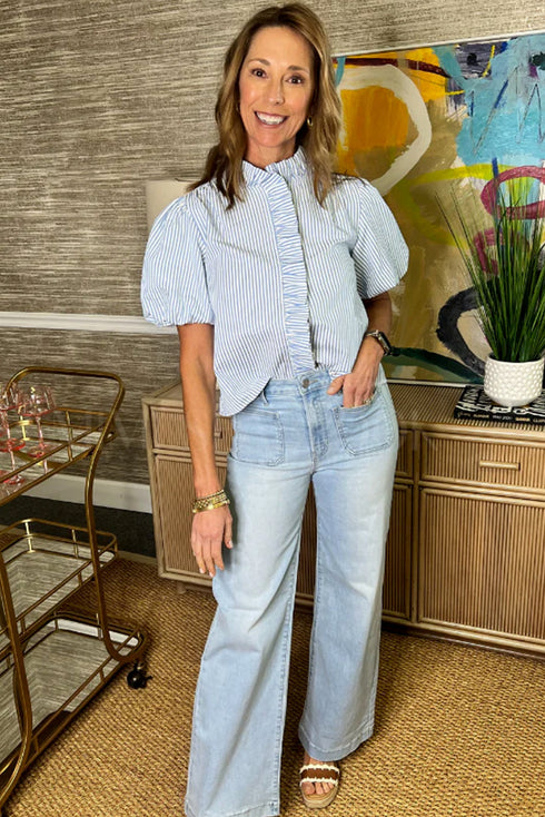 Preppy Striped Ruffle Mock Neck Puff Sleeve Blouse