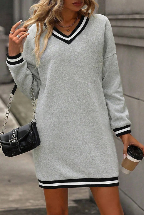 Preppy Striped Trim V Neck Long Sleeve Mini Dress
