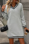 Preppy Striped Trim V Neck Long Sleeve Mini Dress