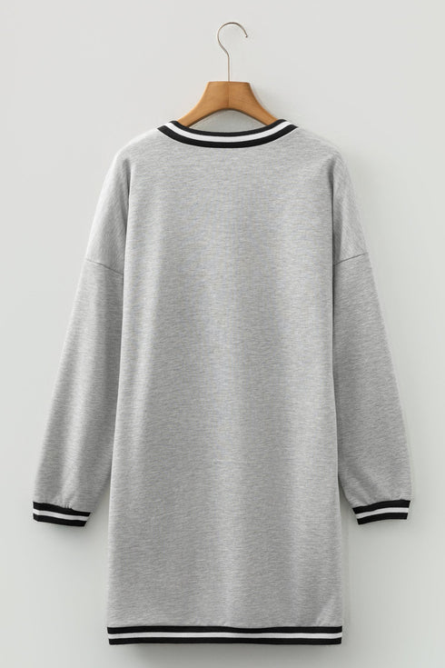 Preppy Striped Trim V Neck Long Sleeve Mini Dress