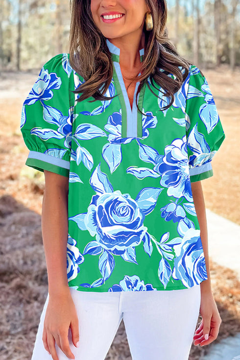 Preppy Style Rose Print Stand Collar Puff Sleeve Blouse