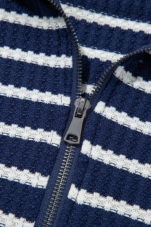 Preppy Textured Stripe Half Zip Collared Pullover Top