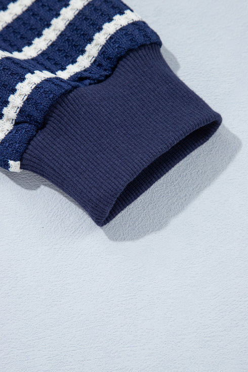 Preppy Textured Stripe Half Zip Collared Pullover Top