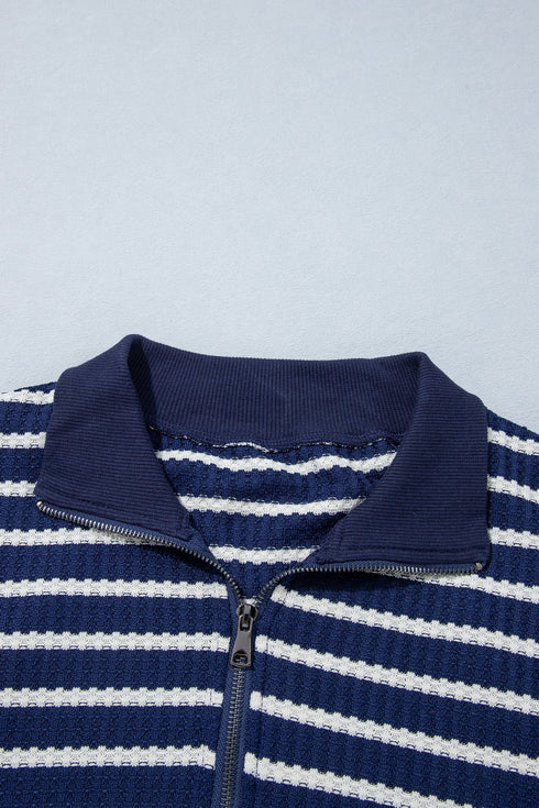Preppy Textured Stripe Half Zip Collared Pullover Top