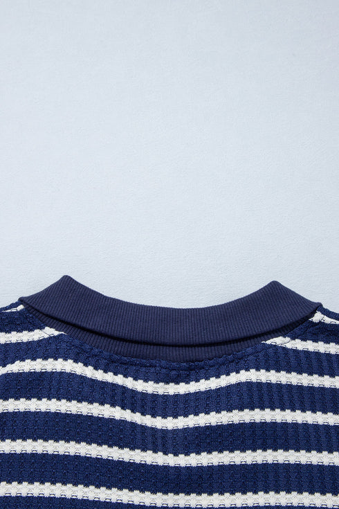 Preppy Textured Stripe Half Zip Collared Pullover Top