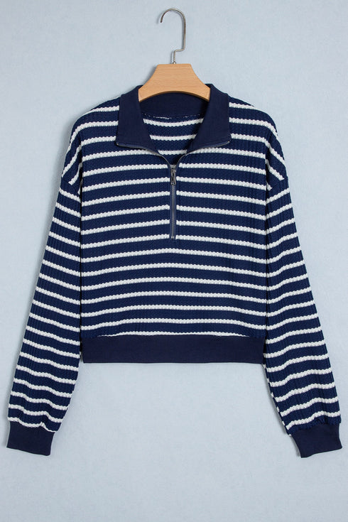 Preppy Textured Stripe Half Zip Collared Pullover Top