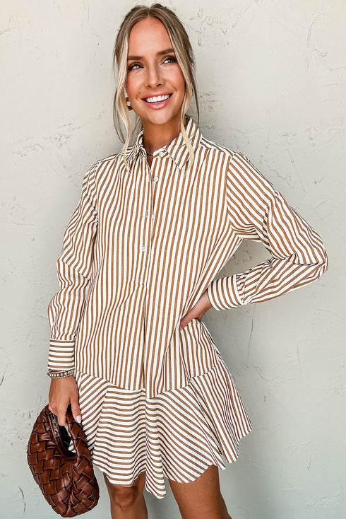 Preppy Vertical Stripe Flounce Hem Collared Shirt Mini Dress