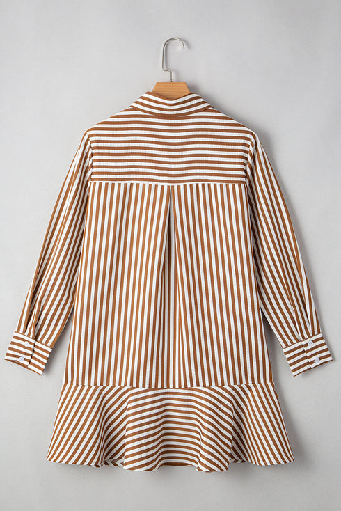 Preppy Vertical Stripe Flounce Hem Collared Shirt Mini Dress