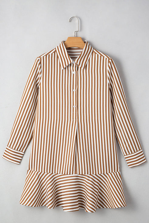 Preppy Vertical Stripe Flounce Hem Collared Shirt Mini Dress