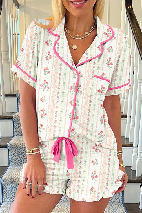 Print Contrast Pipping Short Pajamas Set