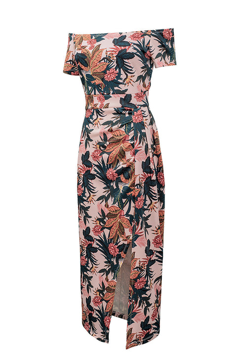 Print Off Shoulder Slit Bodycon Midi Dress