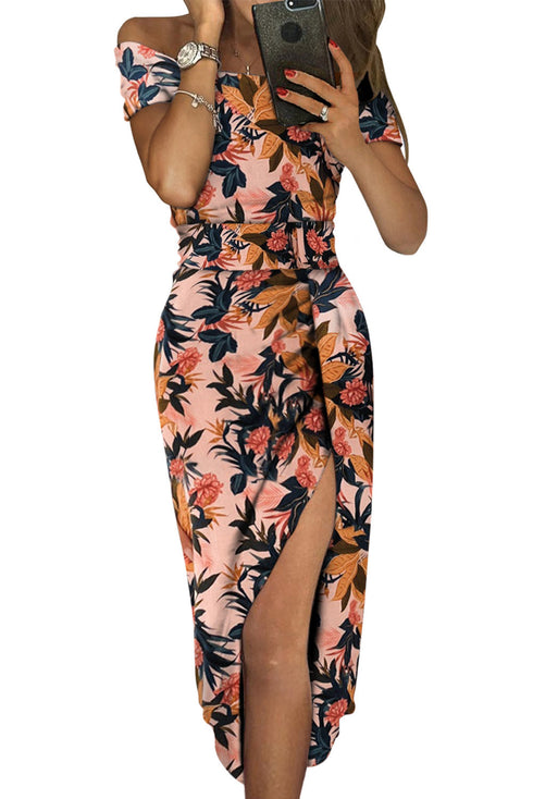 Print Off Shoulder Slit Bodycon Midi Dress