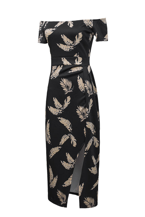 Print Off Shoulder Slit Bodycon Midi Dress