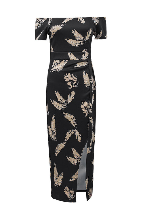Print Off Shoulder Slit Bodycon Midi Dress