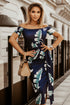 Print Off Shoulder Slit Bodycon Midi Dress
