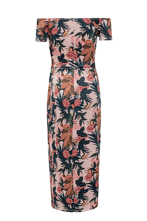 Print Off Shoulder Slit Bodycon Midi Dress