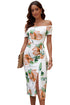 Print Off Shoulder Slit Bodycon Midi Dress