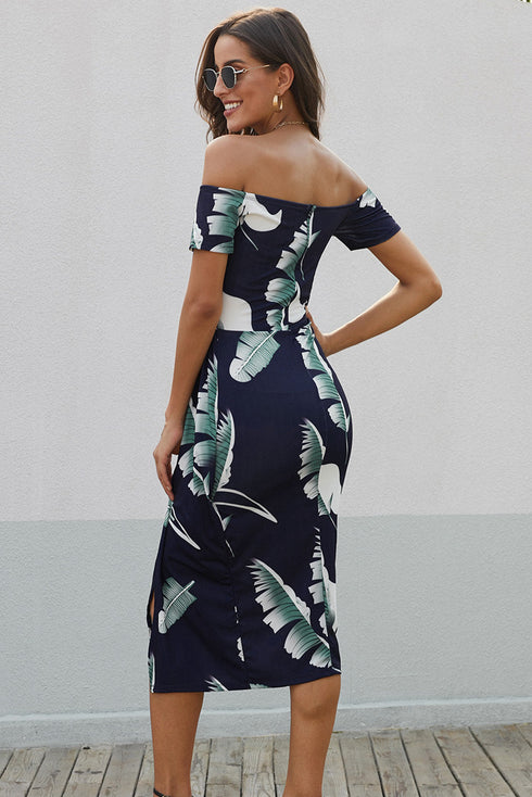 Print Off Shoulder Slit Bodycon Midi Dress