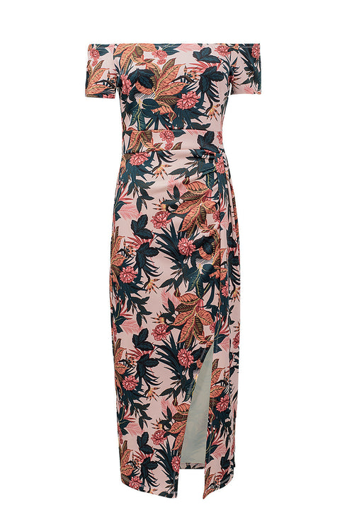 Print Off Shoulder Slit Bodycon Midi Dress