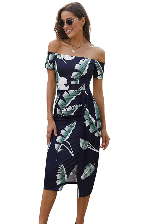 Print Off Shoulder Slit Bodycon Midi Dress