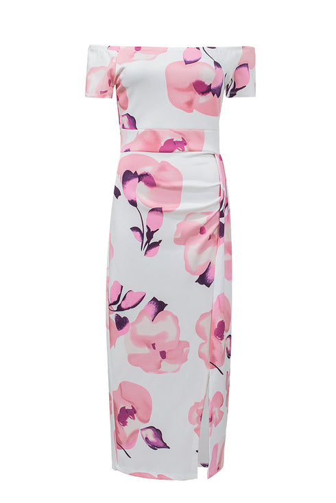 Print Off Shoulder Slit Bodycon Midi Dress