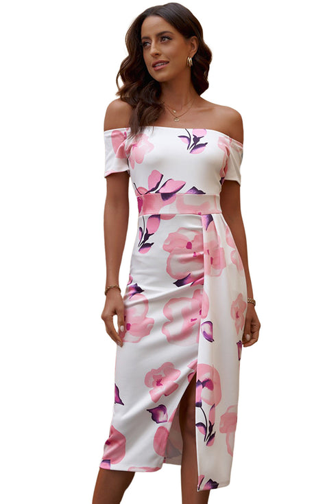 Print Off Shoulder Slit Bodycon Midi Dress