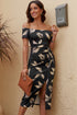 Print Off Shoulder Slit Bodycon Midi Dress