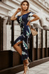 Print Off Shoulder Slit Bodycon Midi Dress