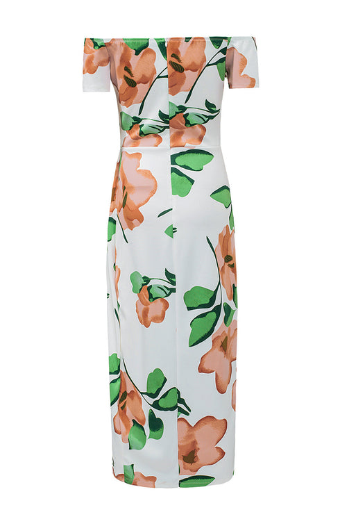 Print Off Shoulder Slit Bodycon Midi Dress