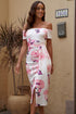 Print Off Shoulder Slit Bodycon Midi Dress